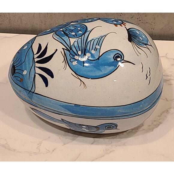 Tonala Pottery 5" Egg Shaped Trinket Box Hand Painted Blue Bird Folk Art Mexico - Picture 3 of 15